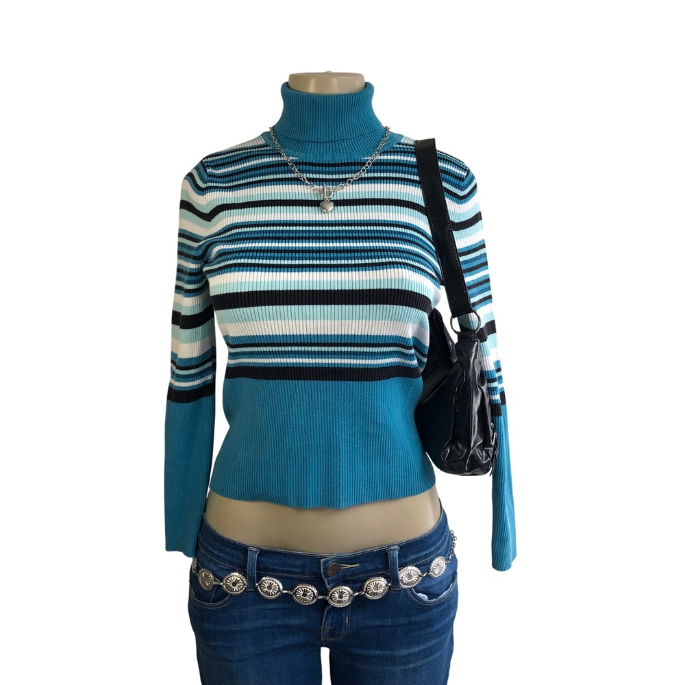 Vintage 90s Y2K Blue Striped Fitted Ribbed Knit Turtleneck Sweater Womens S